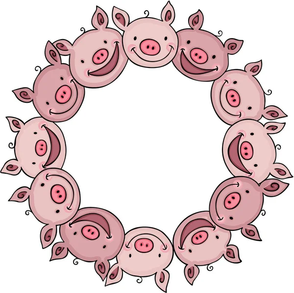 Cadre Rond Fait Visages Cochons Heureux — Image vectorielle