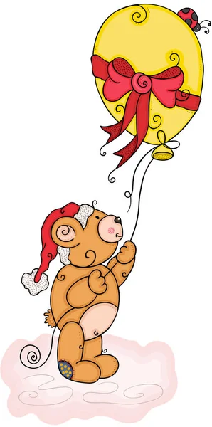 Weihnachten Teddybär Hält Gelben Ballon Mit Marienkäfer — Stockvektor