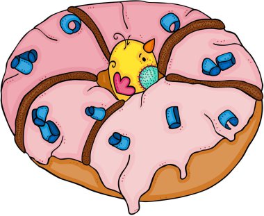 Pembe çörek ortasında küçük kuş