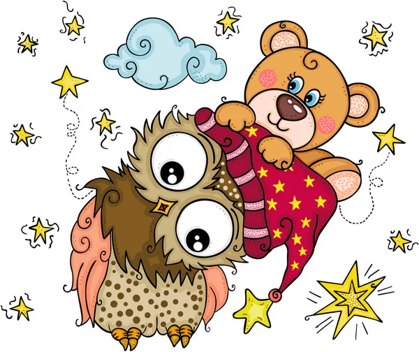 Teddybär Über Eule Der Guten Nacht — Stockvektor