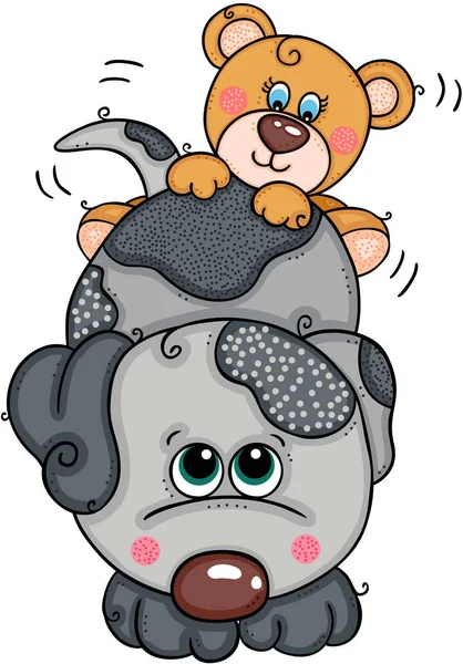 Osito Peluche Sobre Lindo Perro Gris — Vector de stock