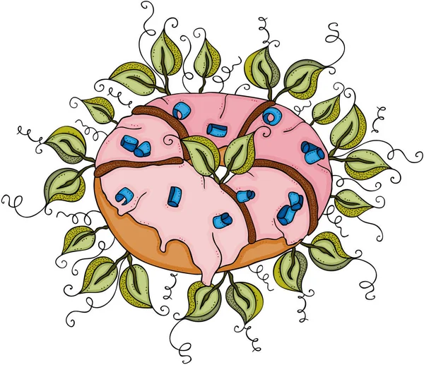 Розовый Клубничный Пончик Зелеными Листьями — стоковый вектор