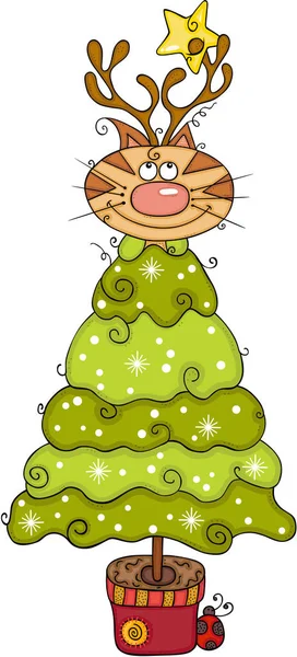 Roztomilý Kočka Hvězdou Vánoční Borovice — Stockový vektor