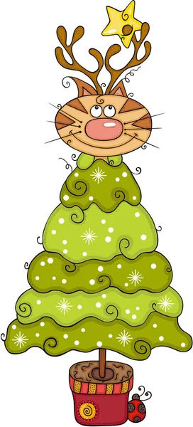 Carino Gatto Con Stella Albero Pino Natale — Vettoriale Stock