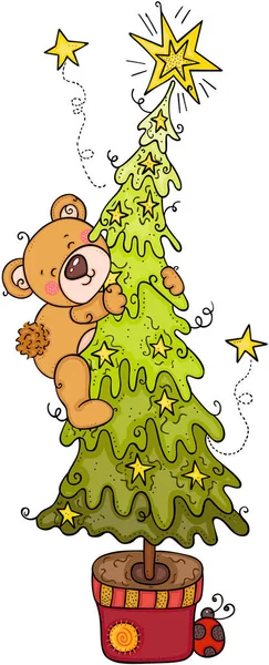 Teddy Bear Climbing Christmas Pine Tree — Stock Vector