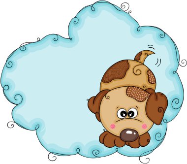 Arka plan etiketi etiket ile kahverengi köpek mavi