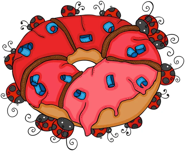 红色甜甜圈周围的小瓢虫 — 图库矢量图片