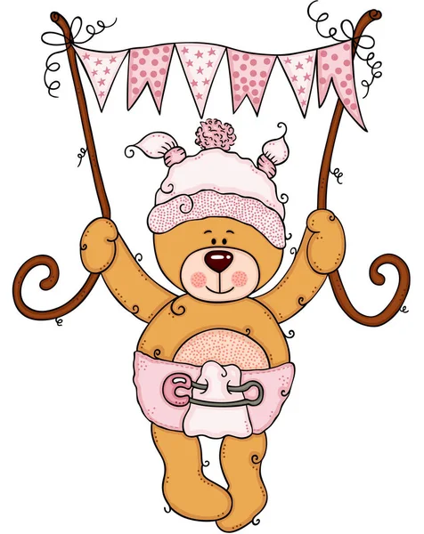 Baby Teddybär Mit Rosa Fahne — Stockvektor