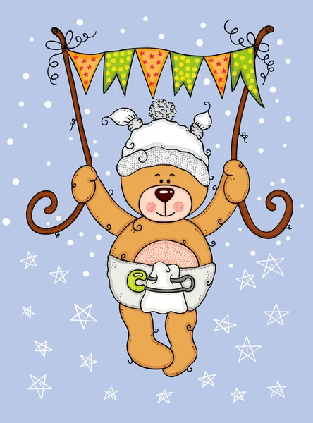 Illustration Baby Teddy Bear Flying Holding Flag Banner — Stock Vector