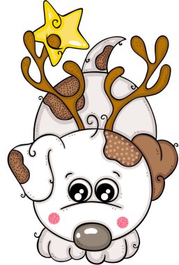 Yıldız ve Ren geyiği boynuzları ile sevimli beyaz köpek