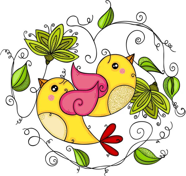 Casal Pássaros Amarelos Com Folhas Verdes Forma Coração — Vetor de Stock