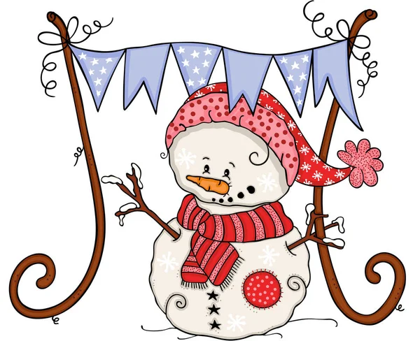 Cute Winter Snowman Blue Flag Banner Party — Stock Vector