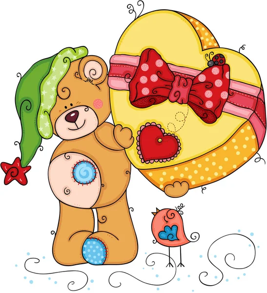 Ведмедик Тедді Тримає Велику Жовту Подарункову Коробку Серця — стоковий вектор