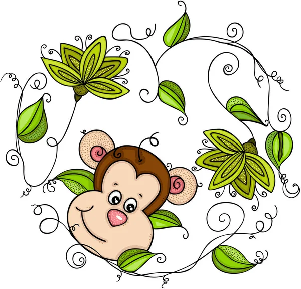 Μαϊμού Σκελετό Σχήμα Καρδιάς Πράσινα Φύλλα — Διανυσματικό Αρχείο