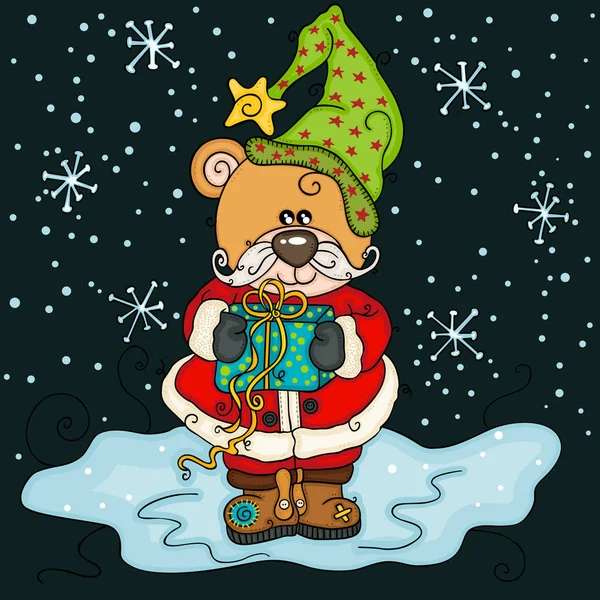 Різдвяний Плюшевий Ведмедик Подарунком Нічному Фоні — стоковий вектор