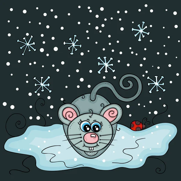 Bonito Cinza Mouse Neve Noite Fundo — Vetor de Stock