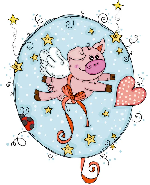 Cochon Mignon Avec Des Ailes Sur Fond Bleu Rond — Image vectorielle