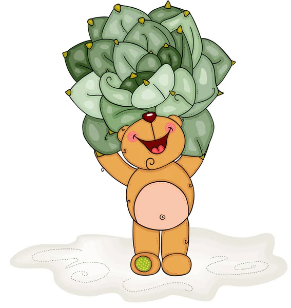 Happy Teddy Bear Holding Cactus — Stock Vector