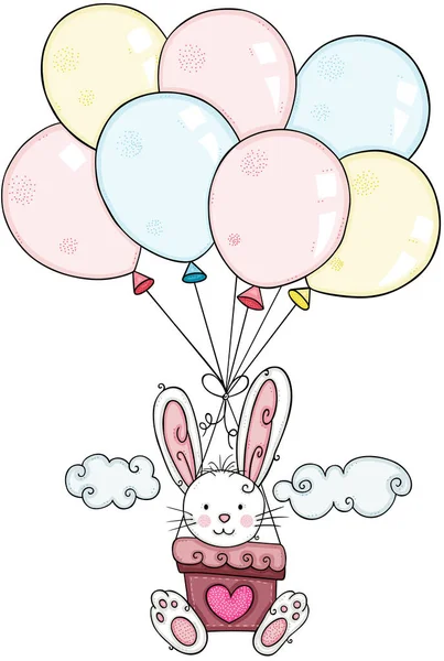 かわいいウサギの風船で飛ぶ — ストックベクタ