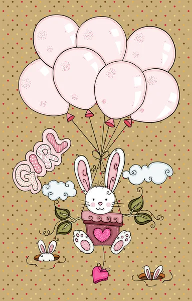 Chica Ilustración Conejo Volando Con Globos — Vector de stock