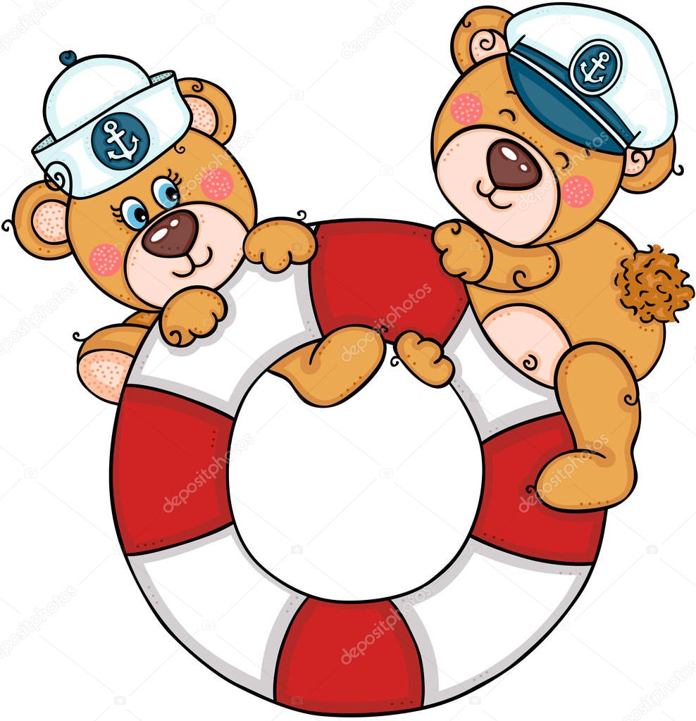 Two cute teddy bears on help save life float with sailor hats