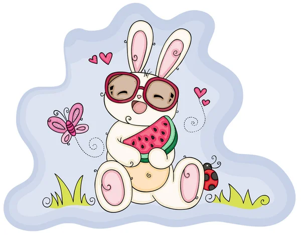 Mignon Lapin Dans Des Lunettes Soleil Manger Pastèque — Image vectorielle