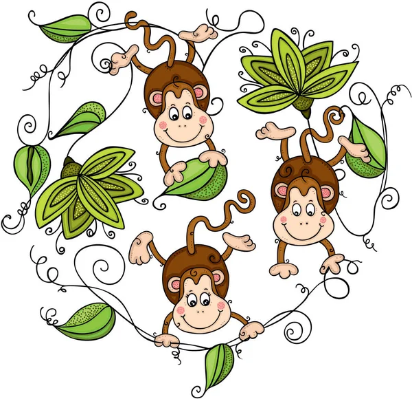 Three Monkeys Hanging Green Leaves — Stock Vector