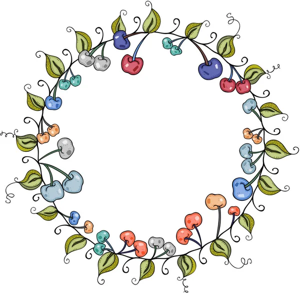 Telaio Rotondo Fatto Ciliegie Colorate Foglie Verdi — Vettoriale Stock