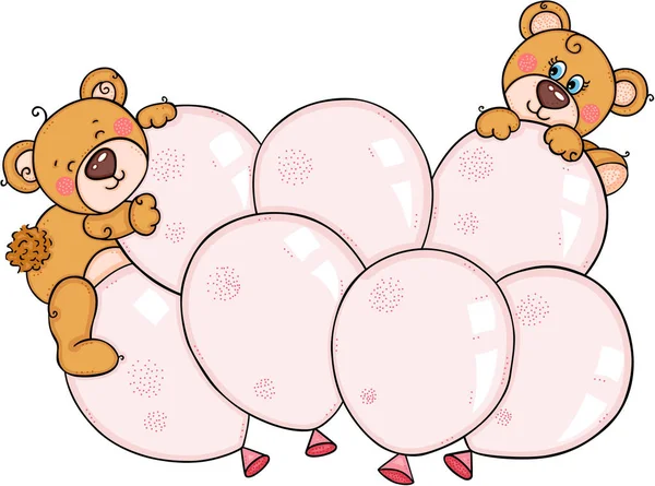 Ursos Pelúcia Bonitos Até Balões Rosa Definido — Vetor de Stock