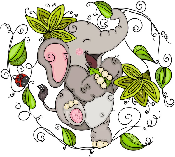 Счастливый Слон Играет Зелеными Листьями Форме Сердца — стоковый вектор