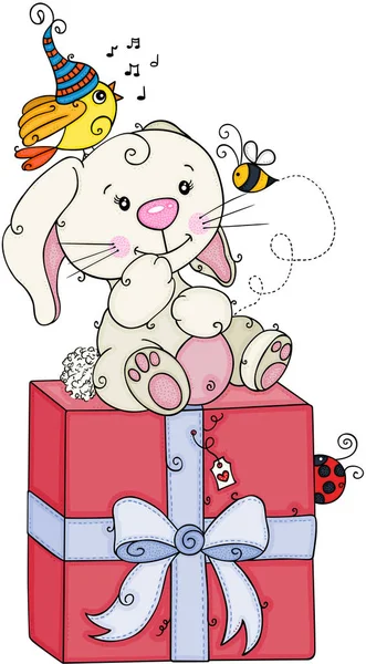 Cute Bunny Zittend Grote Gift Met Vogelzang Bee — Stockvector