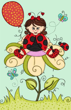 Ölçeklenebilir vektörel bir uğur böceği kız çiçek üzerinde oturan temsil eden, tasarım için eleman, modern düz karikatür renkli vektör elle çizilmiş illüstrasyon.