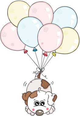 Balon ile uçan sevimli beyaz köpek