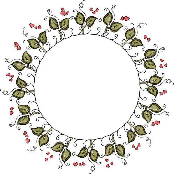 圆框与叶子花环和红心 — 图库矢量图片