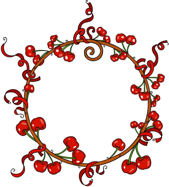 Cadre Rond Bois Avec Cerises Ruban Rouge — Image vectorielle