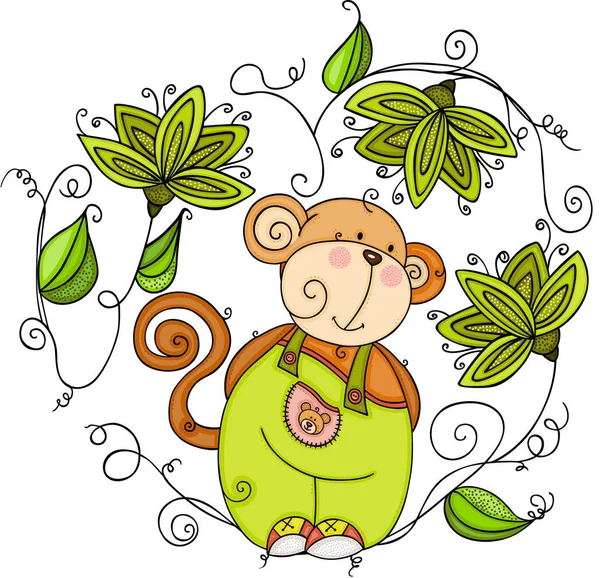 Happy Monkey Green Leaves Shaped Heart Frame — Stock Vector