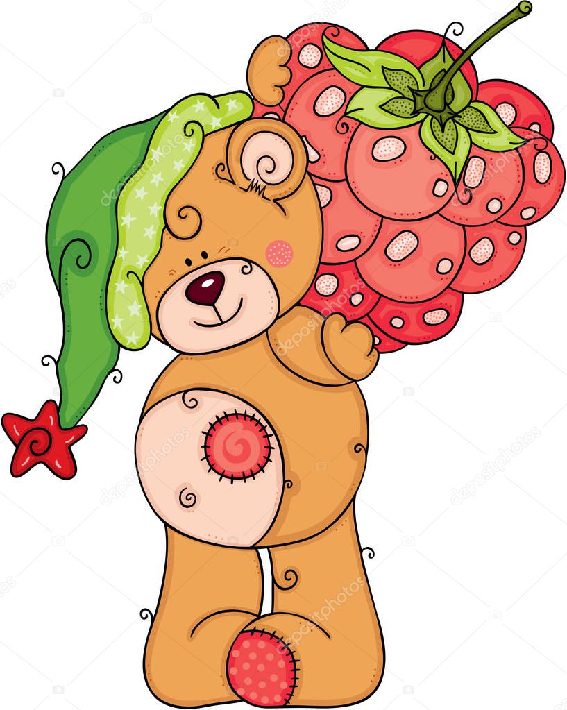 Cute teddy bear holding a big raspberry