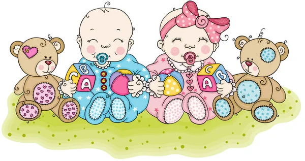 男婴和女孩坐在花园里与玩具 — 图库矢量图片