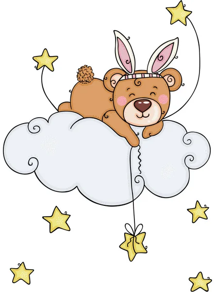 Teddy Bear Rabbit Ears Stars Cloud — Stock Vector