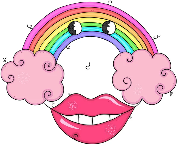 Funny Rainbow Face Pink Lips Clouds — Stock Vector