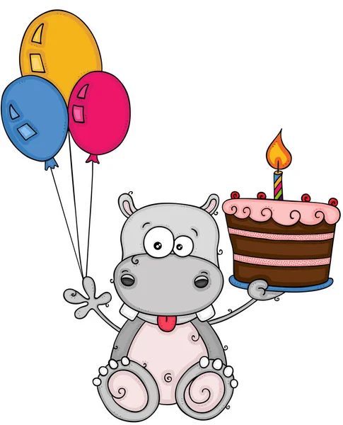 Cute Hippo Holding Birthday Cake Three Balloons — Stock Vector
