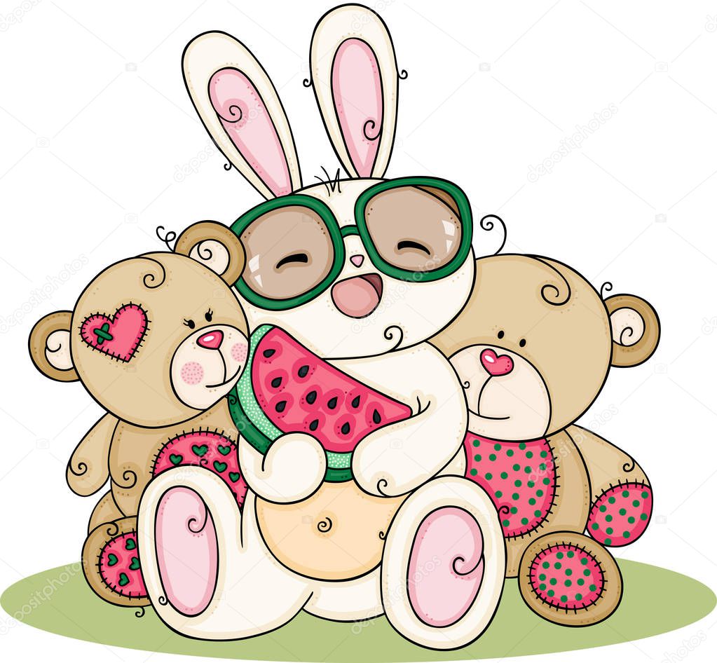 Cute bunny eating a slice watermelon with two teddy bear friends