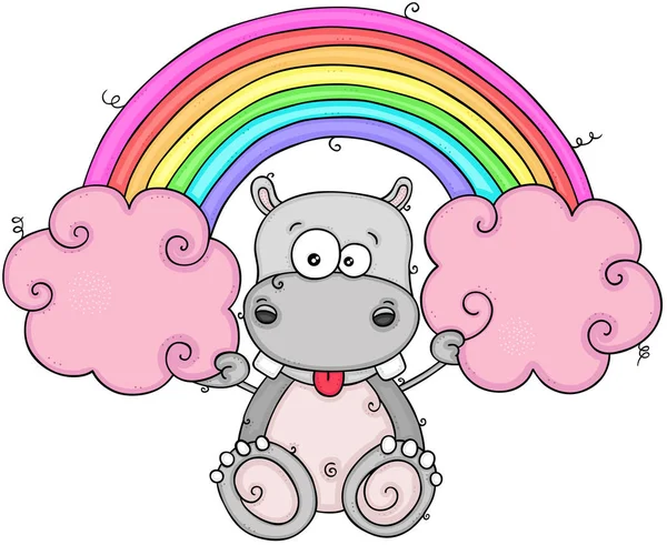 Funny Hippo Holding Pink Clouds Rainbow — Stock Vector