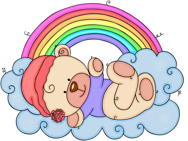 Baby Teddybeer Liggend Wolken Met Regenboog — Stockvector