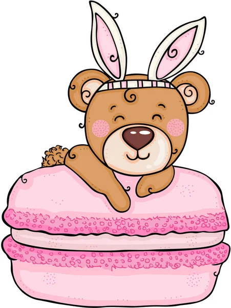 Schattige Teddybeer Met Bunny Oren Roze Macaron — Stockvector