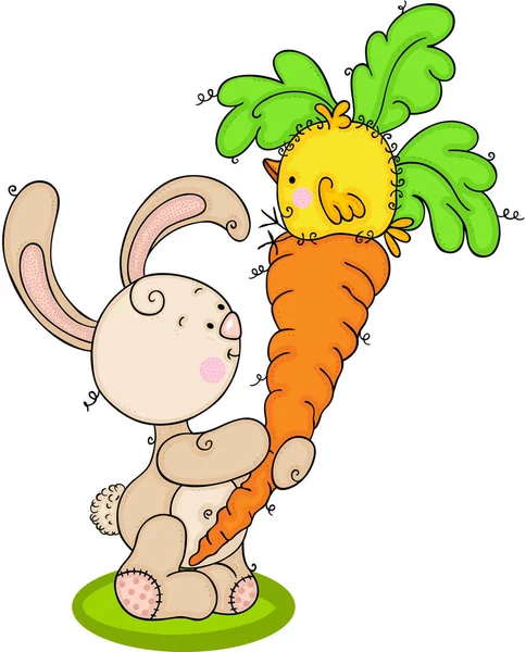 Cute Bunny Holding Big Carrot Yellow Bird Top — Stock Vector