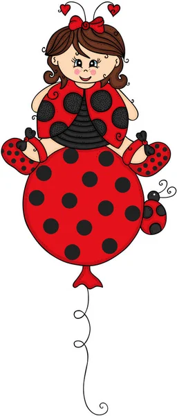 Girl Dressed Ladybug Flying Top Balloon — Stock Vector