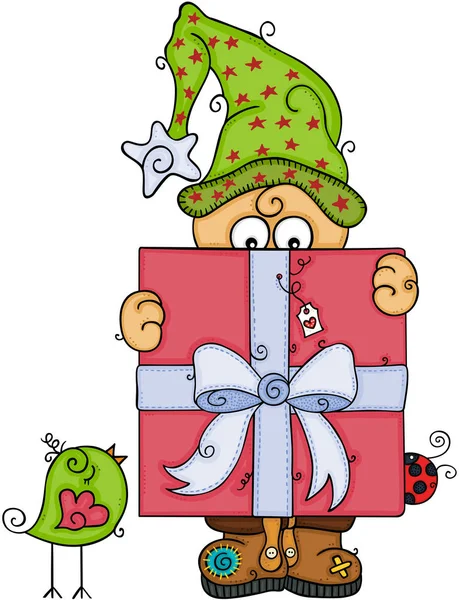 赤い贈り物と鳥と緑の帽子とテディベア — ストックベクタ