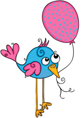 Pembe bir balon tutan sevimli mavi kuş