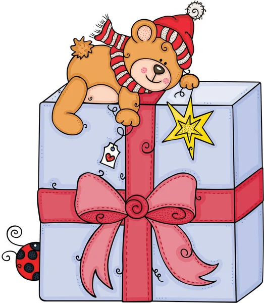 Weihnachten Teddybär Verschönert Eine Große Geschenkschachtel — Stockvektor